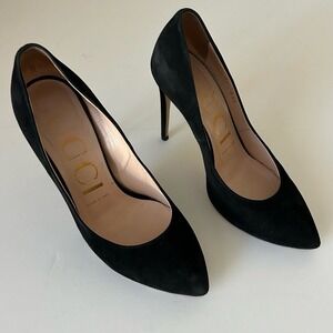 Gucci Black Leather Suede Sylvie Pumps Stiletto High Heel Shoe Size IT 36.5